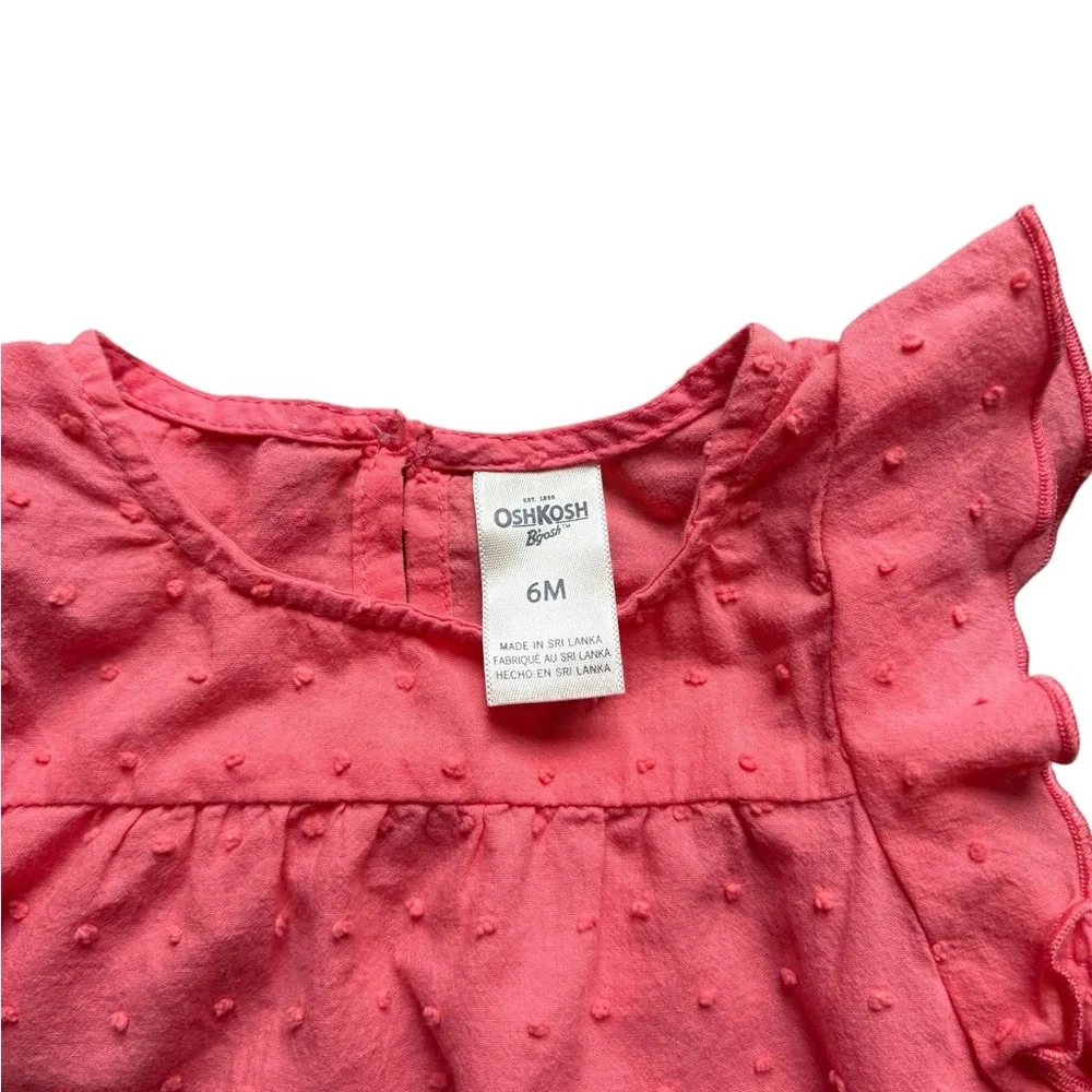 Osh Kosh Baby Girls‎ 6M Pink Cotton Blouse, Ruffled Sleeves, Puff Embroidery